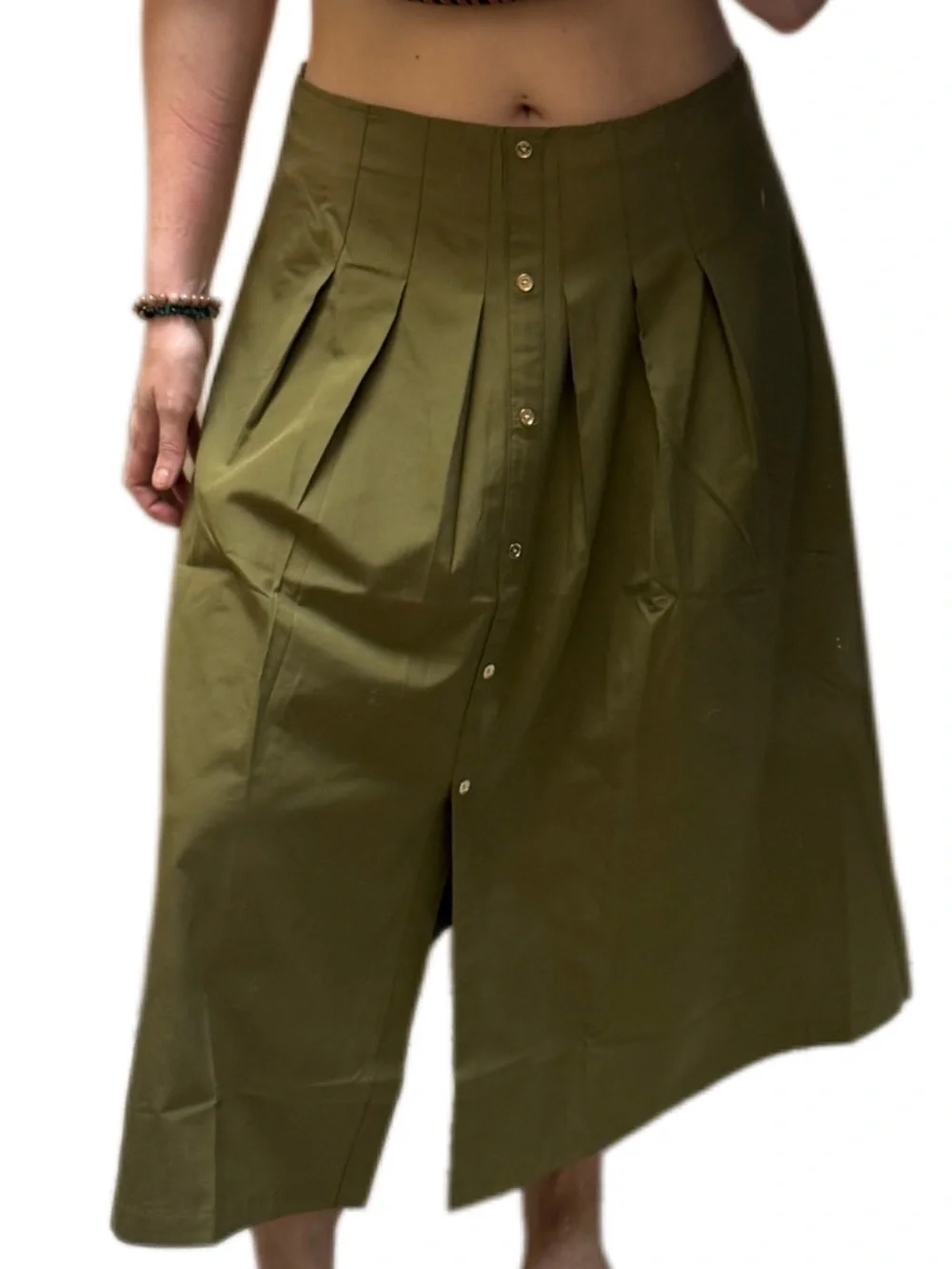 New michael Kors Olive Green Button-Front Safari style Pleated Midi Skirt Sz L